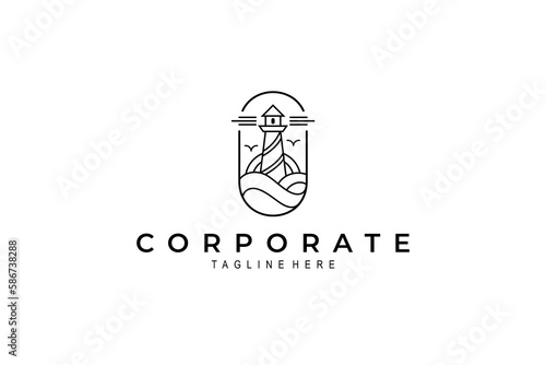 lighthouse tower logo with waves and seagulls view in line art vintage design style