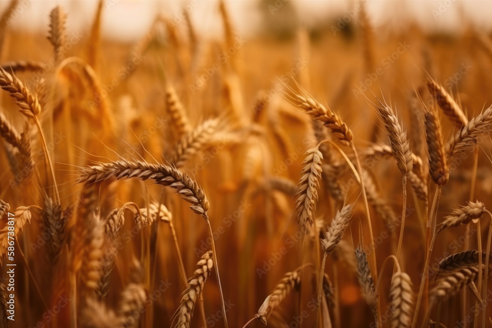 Fototapeta premium Wheat field. Ears of golden wheat close up. Background of ripening ears of meadow wheat field. Generative AI