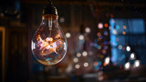 Galaxy-Inspired Hanging Lightbulb with Bokeh and Sparkles in Room, generative ai