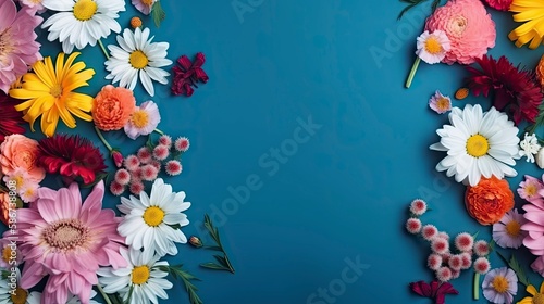 Flowers composition. Multicolors flowers on pastel blue background. Spring  easter concept. Flat lay  top view  copy space  ai generative.