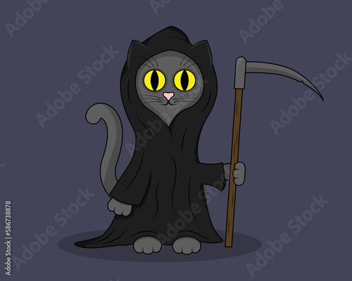 Cute cartoon cat in grim reaper costume with scythe. Halloween night