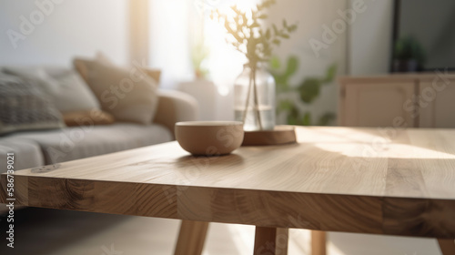 Wood table in modern interior. Illustration AI Generative.