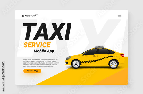 Taxi service yellow cab passenger transportation mobile app ad landing page realistic vector