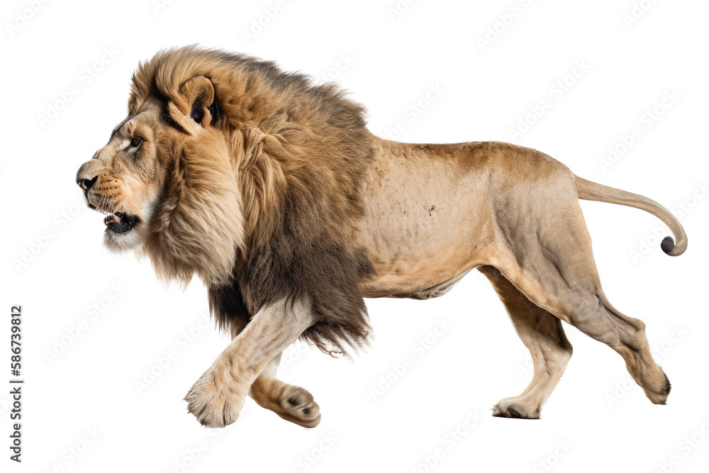 Obraz premium an isolated lion walking side view, majestic, stalking prey, fierce jungle-themed photorealistic illustration on a transparent background in PNG. Panthera leo. King of the Jungle. Generative AI