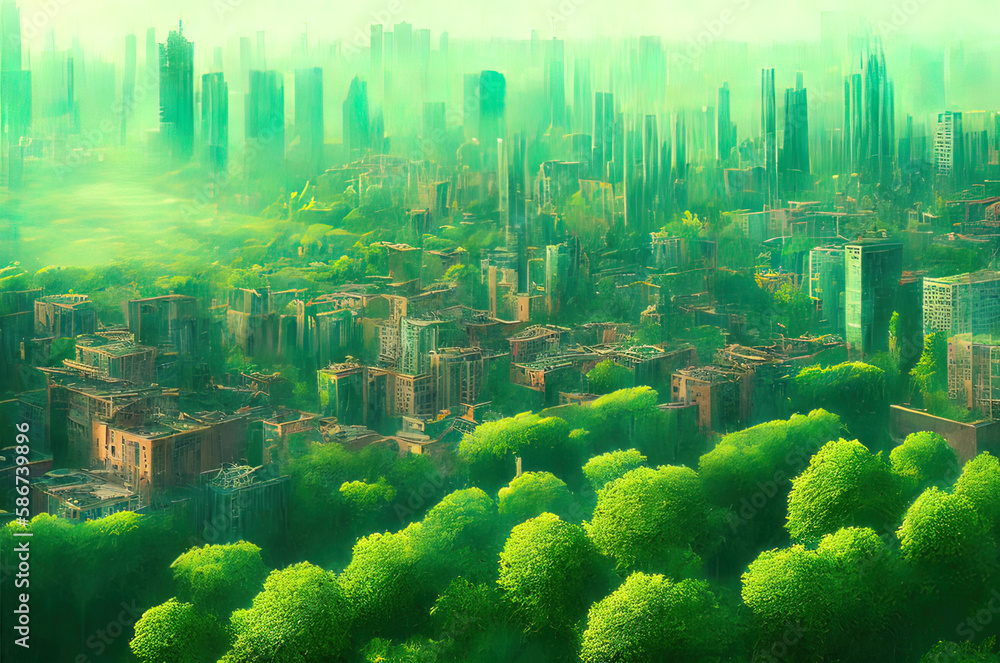 a green city with tall buildings and trees