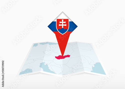 Slovakia is depicted on a folded paper map and pinned location marker with flag of Slovakia.