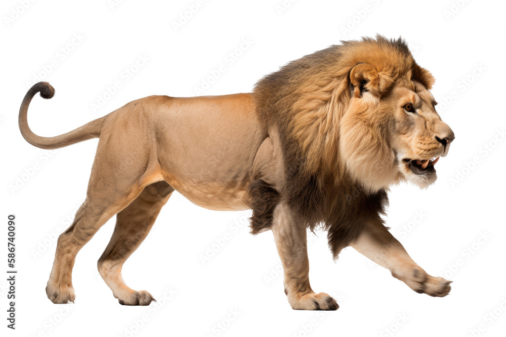 Obraz premium an isolated lion walking side view, majestic, stalking prey, fierce jungle-themed photorealistic illustration on a transparent background in PNG. Panthera leo. King of the Jungle. Generative AI