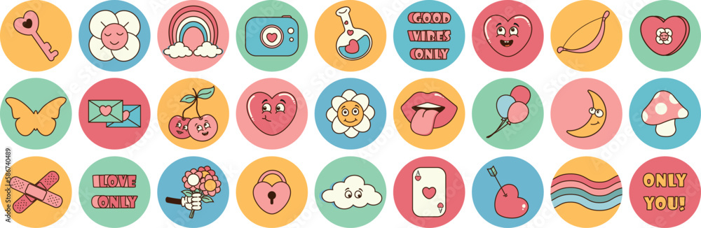 Groovy 70s love hippie set. Funny cartoon flower, heart, rainbow, gift, butterfly, mushroom. Set of stickers in trendy retro psychedelic cartoon style. Groovy 70s love hippie set. Funny cartoon flower, heart, rainbow, gift, butterfly, mushroom. Set of stickers in trendy retro psychedelic cartoon style.