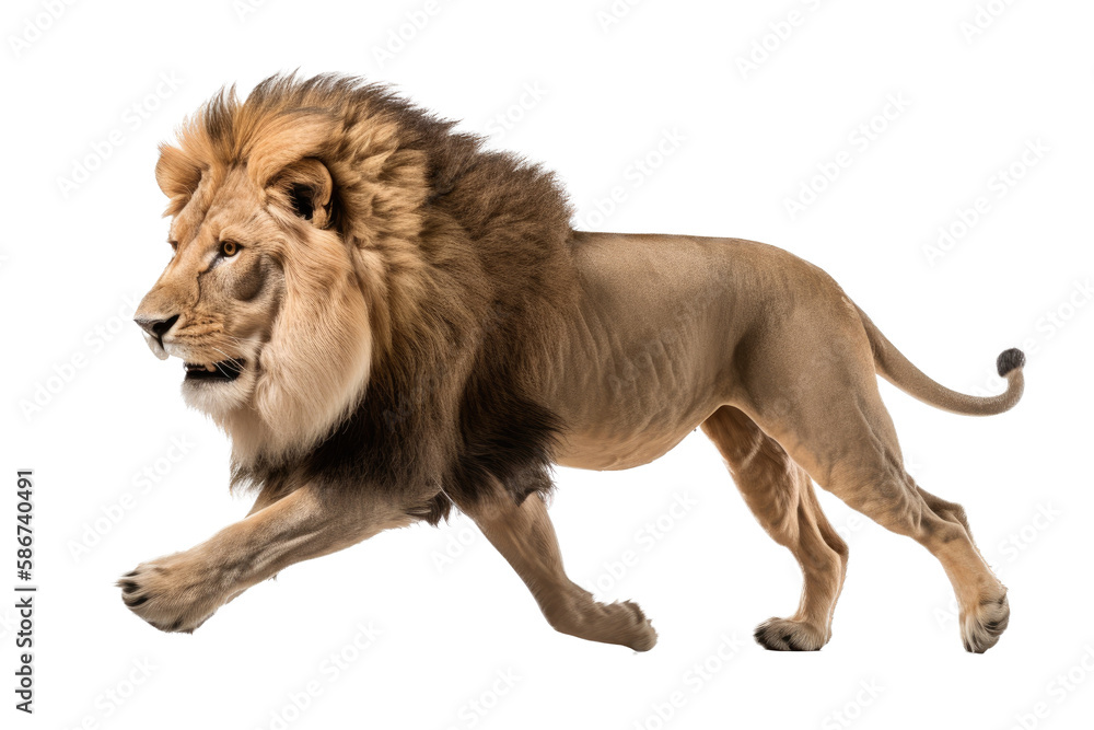 an isolated lion walking side view, majestic, stalking prey, fierce jungle-themed photorealistic illustration on a transparent background in PNG. Panthera leo. King of the Jungle. Generative AI