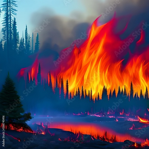 Wildfire, forest burning, 4k digital painting. Illustration of trees that burn. Wild flames raging trough the environment