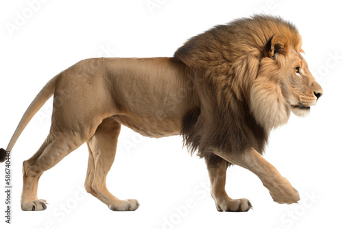 an isolated lion walking side view, majestic, stalking prey, fierce jungle-themed photorealistic illustration on a transparent background in PNG Fototapeta