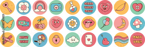  Groovy 70s love hippie set. Funny cartoon flower, heart, rainbow, gift, butterfly, mushroom. Set of stickers in trendy retro psychedelic cartoon style.