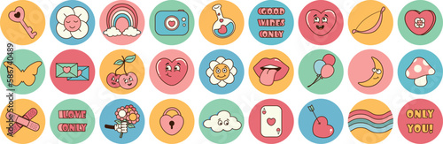  Groovy 70s love hippie set. Funny cartoon flower  heart  rainbow  gift  butterfly  mushroom. Set of stickers in trendy retro psychedelic cartoon style.