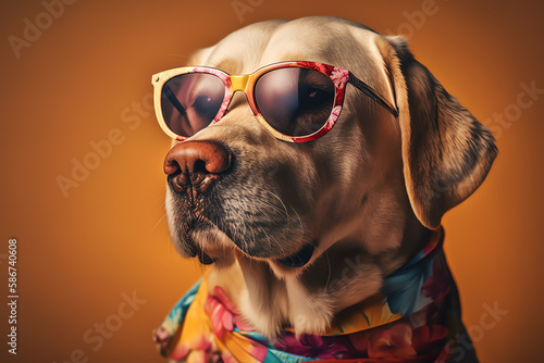 Photoshoot of labrador dog wearing sunglasses and neckerchief - Generative AI