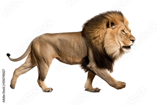 an isolated lion walking side view  majestic  stalking prey  fierce jungle-themed photorealistic illustration on a transparent background in PNG. Panthera leo. King of the Jungle. Generative AI