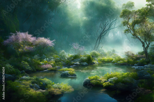 a painting of a forest with trees and water