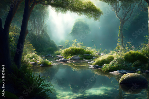 a beautiful forest scene with a stream and rocks