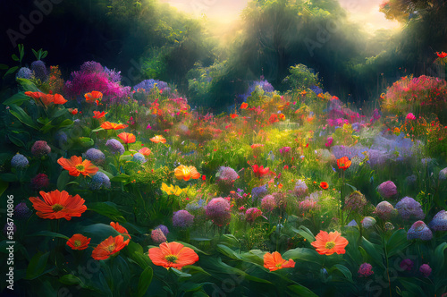 a painting of a field of flowers with sun shining through © Fernando
