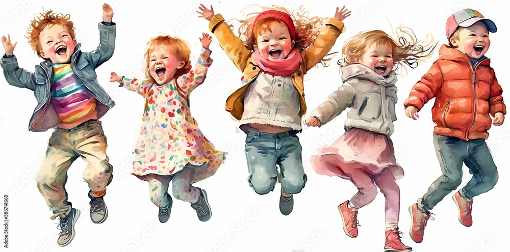 © BubertArt - Watercolor illustration of a group of happy little kids jumping on a white background. Generative ai