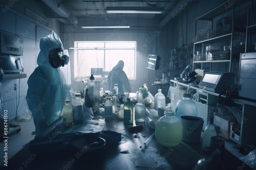 In a Secure High Level Laboratory Scientists in a Coverall Conducting a Research Generative AI In a Secure High Level Laboratory Scientists in a Coverall Conducting a Research Generative AI