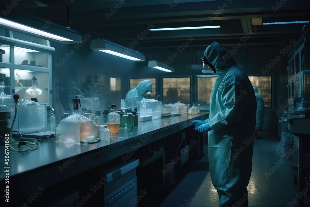 In a Secure High Level Laboratory Scientists in a Coverall Conducting a Research Generative AI In a Secure High Level Laboratory Scientists in a Coverall Conducting a Research Generative AI