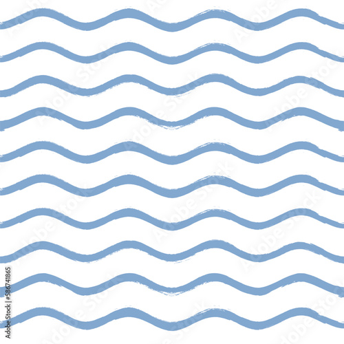 Seamless Wave Pattern, Hand drawn water sea vector background. Wavy beach print, curly grunge paint lines, watercolor stripes