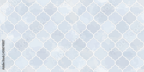 Moroccan Seamless Pattern. Arabic Mosaic Watercolor Ornament. Eid Mubarak Muslim Background. Ramadan Kareem Islamic Illustration. Turkish Mosque Window Shape.