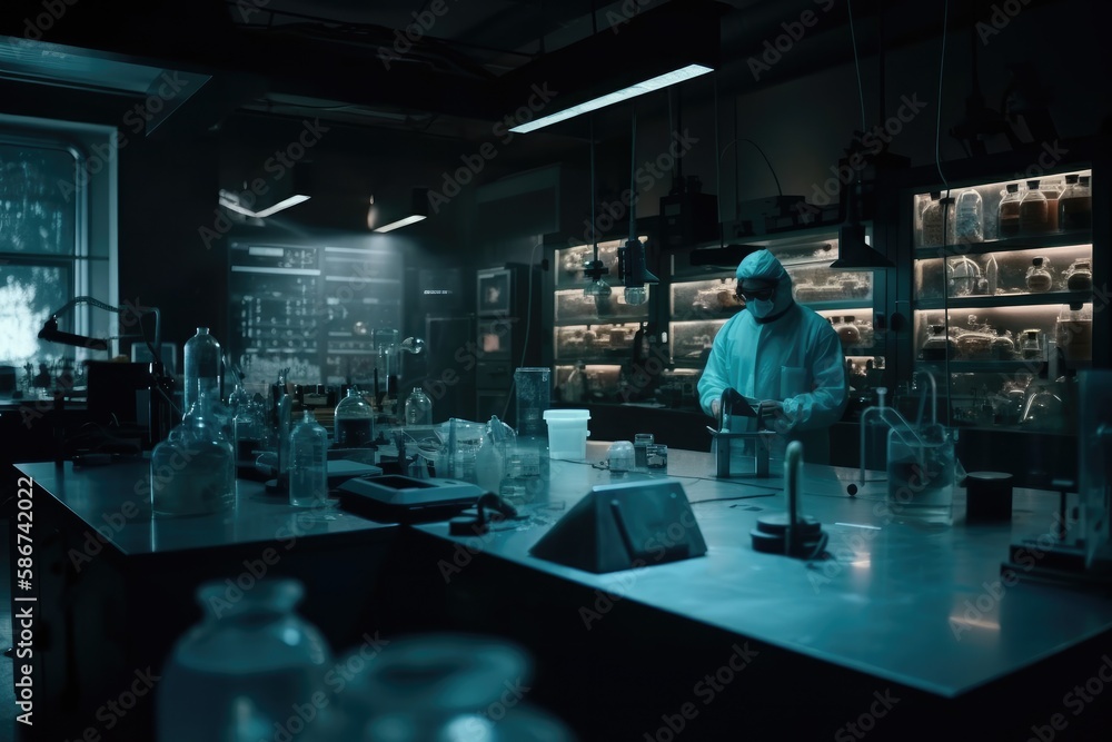 In a Secure High Level Laboratory Scientists in a Coverall Conducting a Research Generative AI In a Secure High Level Laboratory Scientists in a Coverall Conducting a Research Generative AI