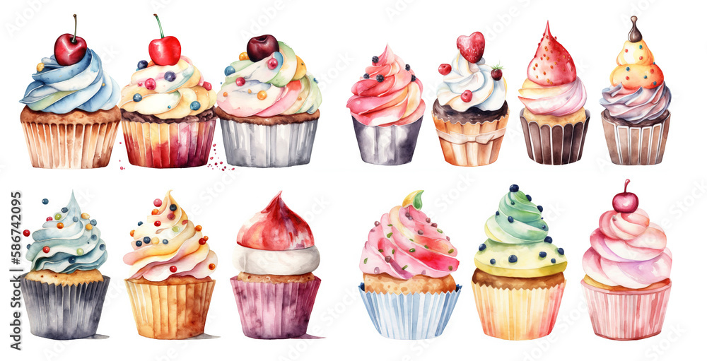 Cupcakes on a white background painted in watercolor. Generative AI Cupcakes on a white background painted in watercolor. Generative AI