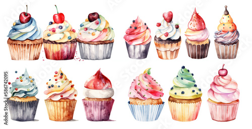 Cupcakes on a white background painted in watercolor. Generative AI