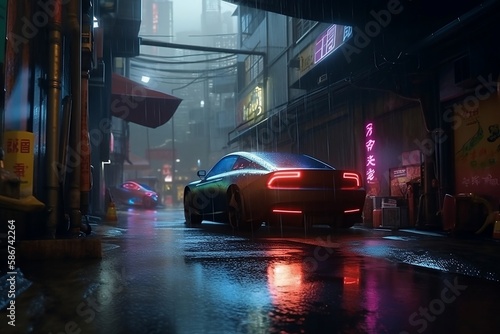 Futuristic Muscle Car on the street Cyperpunk Futuristic City Illuminated with Neon Lights Sci Fi. Cyperpunk city image at night. Created using generative AI.