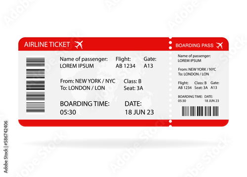 Red and white Airplane ticket design. Realistic illustration of airplane boarding pass with passenger name and destination. Concept of travel, journey or business trip. Isolated on white background.