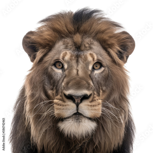 an isolated lion jungle cat FACE  FRONT-view portrait  safari-themed photorealistic illustration on a transparent background cutout in PNG  generative ai