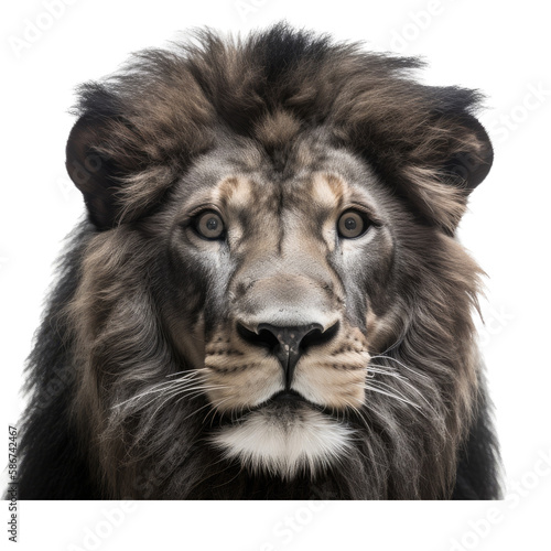 an isolated lion jungle cat FACE  FRONT-view portrait  safari-themed photorealistic illustration on a transparent background cutout in PNG  generative ai