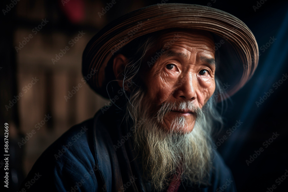 A wise bearded Chinese villager looking at the camera, Generative AI