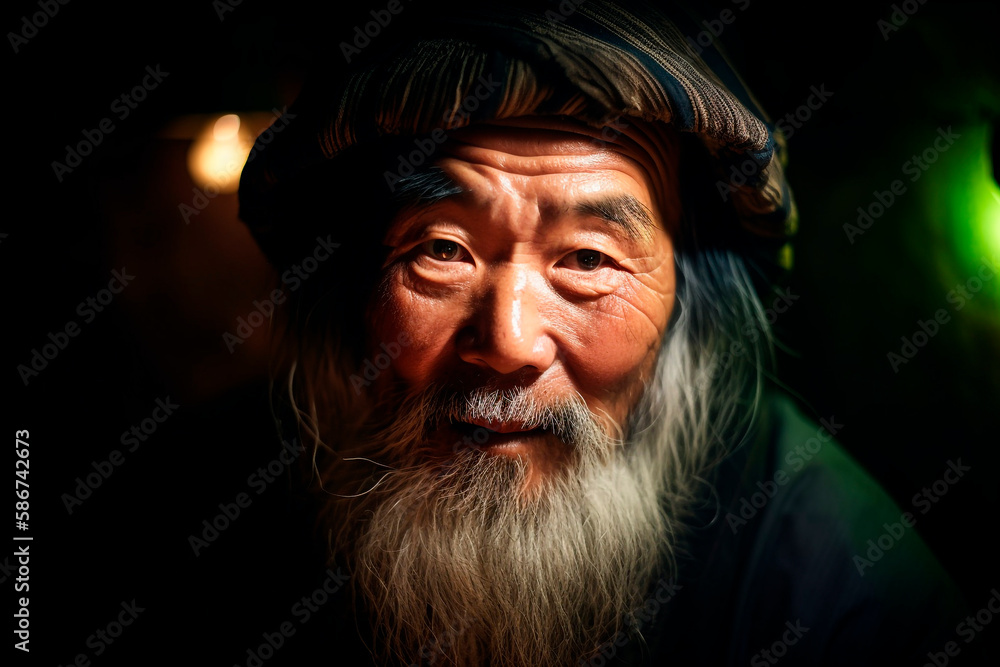 A wise bearded Chinese villager looking at the camera, Generative AI A wise bearded Chinese villager looking at the camera, Generative AI