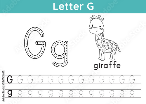 Alphabet ABC a-z exercise. Coloring page. Trace letter G. English vocabulary. Coloring book for kids. Cute kawaii giraffe. Printable activity worksheet. Educational game. Vector illustration