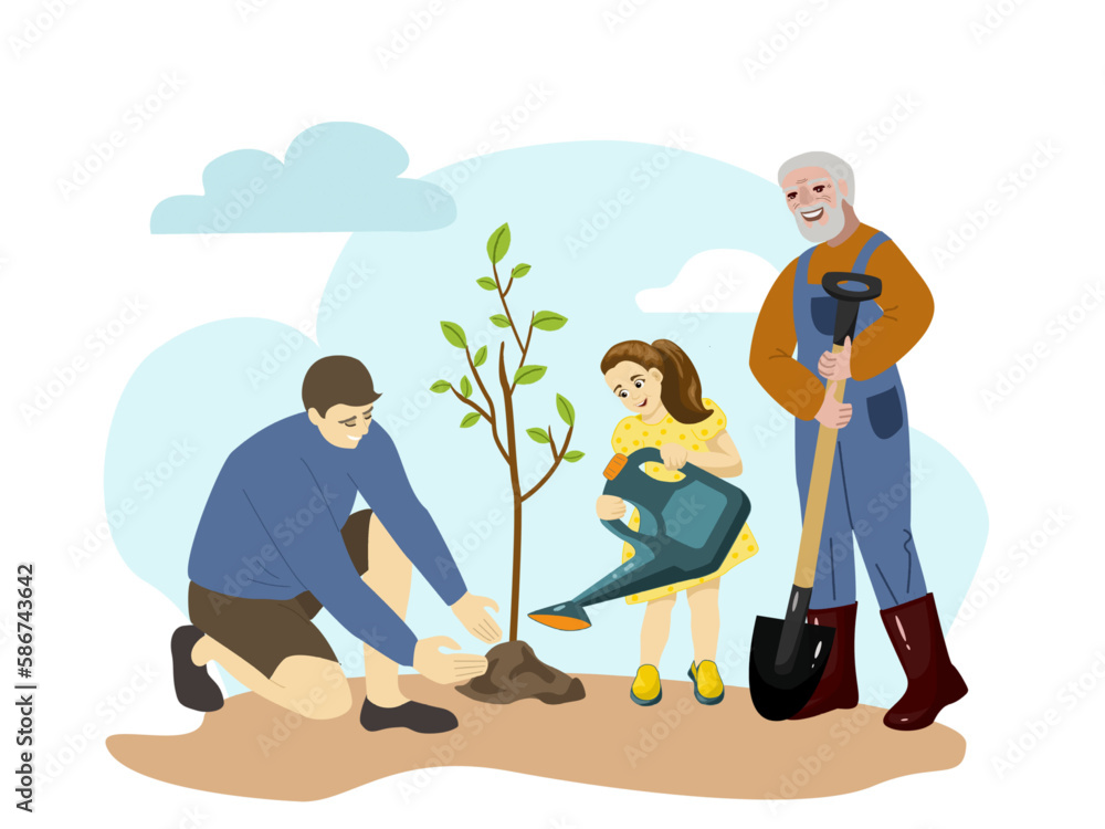 Happy grandfather, father and granddaughter Planting Tree Together. Activity in the garden. Vector illustration