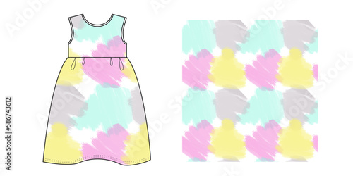 KID GIRLS WEAR SLEEVELESS DRESS with pattern of pastel watercolor spots. Vector illustration