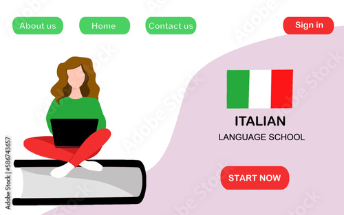 Italian language online course. Landing page for website. Distance education. Italian language school. Online education. Tutor. Dictionary. Vector illustration. 