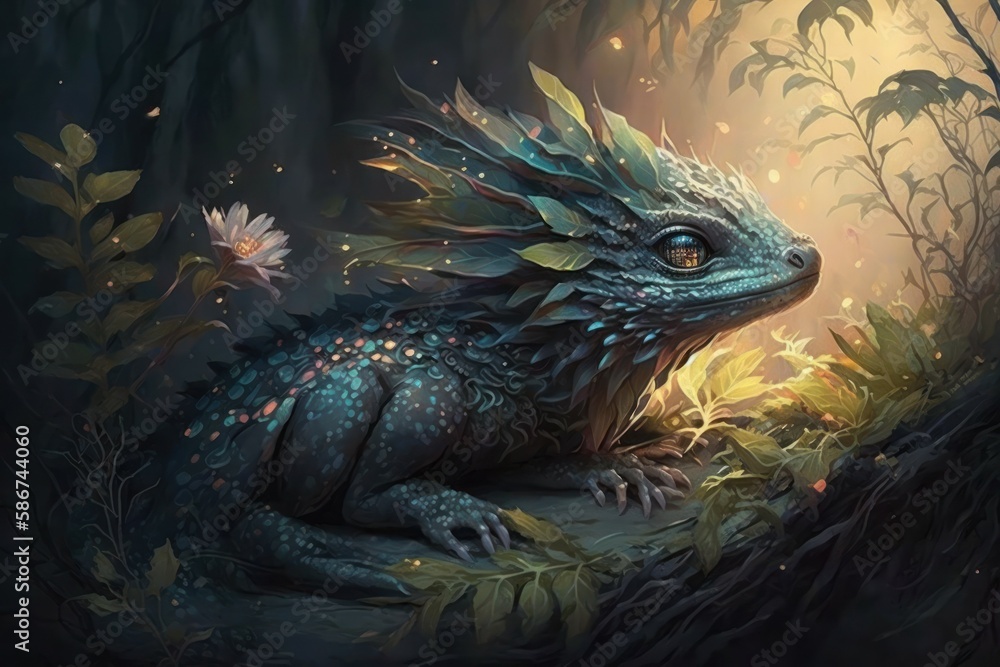Beautiful dragon in the night forest, selective focus. AI generated, human enhanced Beautiful dragon in the night forest, selective focus. AI generated, human enhanced