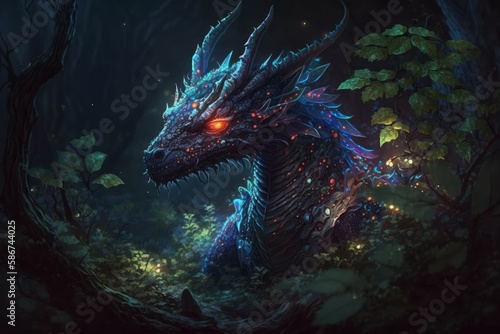 Beautiful dragon in the night forest  selective focus. AI generated  human enhanced