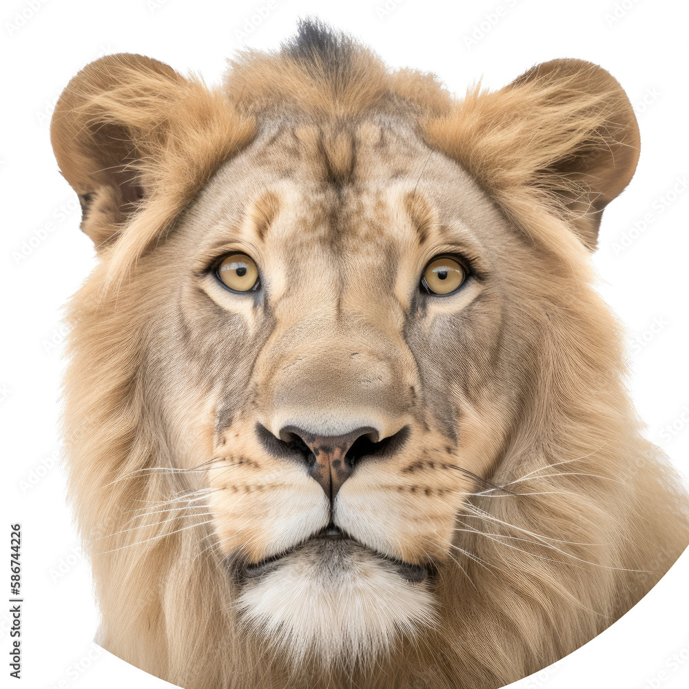 Fototapeta premium an isolated lion jungle cat FACE, FRONT-view portrait, safari-themed photorealistic illustration on a transparent background cutout in PNG, generative ai