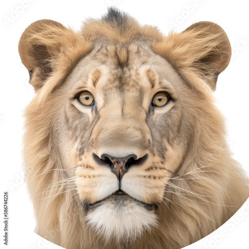 an isolated lion jungle cat FACE, FRONT-view portrait, safari-themed photorealistic illustration on a transparent background cutout in PNG, generative ai © Purple Penguin GFX