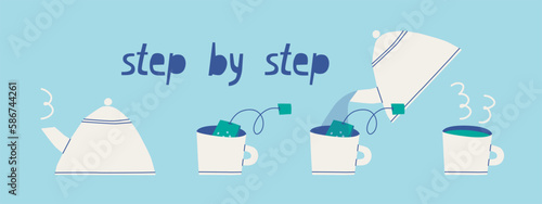 Instructions for brewing tea. How to make tea from a tea bag step by step. Cute vector illustration for design. Funny trendy style.