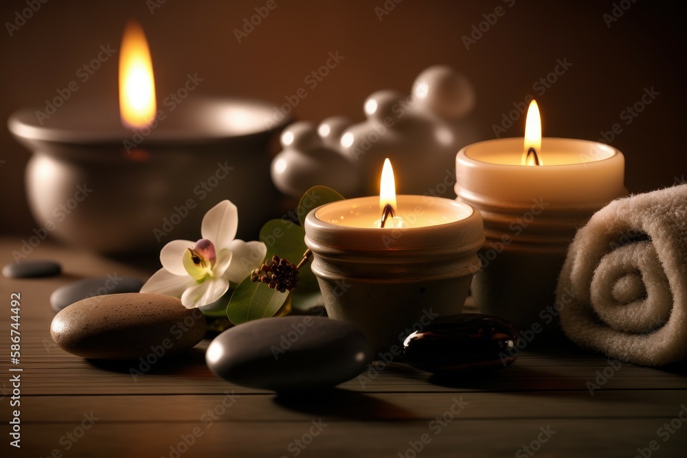 Spa setting with aromatic candles. Romantic atmosphere. Background with selective focus. AI generated Spa setting with aromatic candles. Romantic atmosphere. Background with selective focus. AI generated