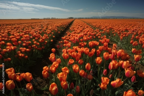 Field with blooming tulips  spring landscape. AI generated  human enhanced