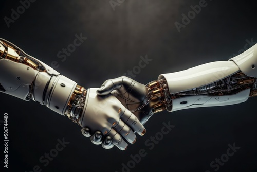 Robots shake hands. Handshake deal symbol. Business concept of the future. AI generated, human enhanced