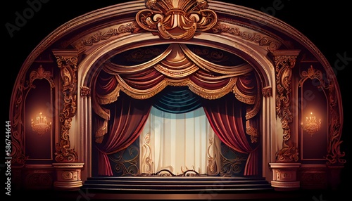 Empty red curtain stage, wooden floor with spotlight. Theater, opera scene with drape, concert or cinema grand opening