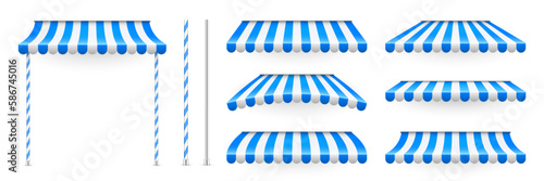 Blue shop sunshade with stand holders. Realistic striped cafe awning. Outdoor market tent. Roof canopy. Summer street store. Vector illustration